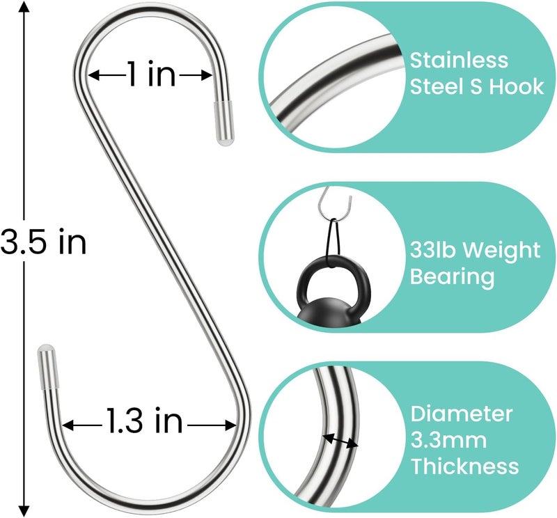 Lightique 3.54 Inch 30 Pack S Hooks - Stainless Steel Heavy Duty with Rubber Stopper, Small S Hooks for Hanging Plants, Baskets, Clothes, Pan, Cups, Towels (Silver) - Image 2